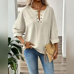 NEW Casual Notched Neckline Blouse Top with Partial Button Patch Pocket Size XL
